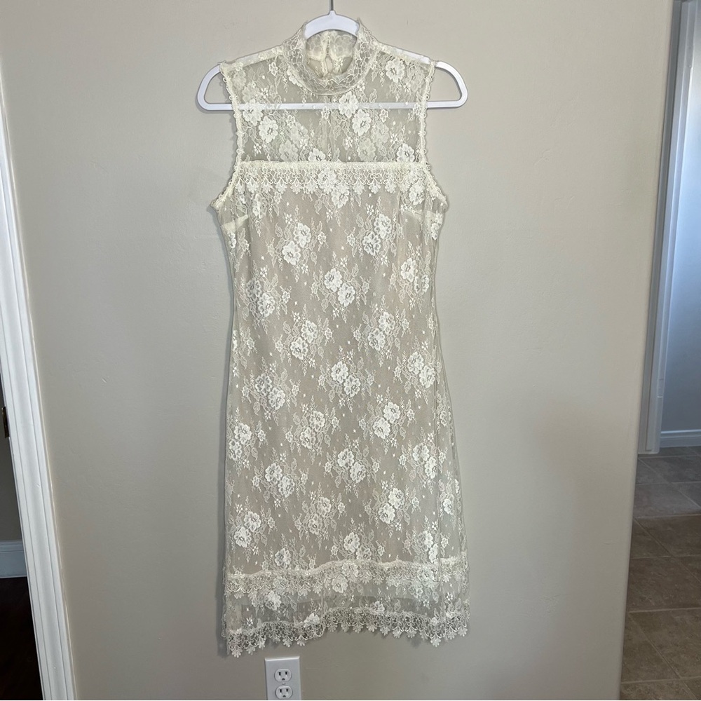NWT Vintage Jessica McClintock Cream High Neck Lace Knee Length Dress size 10